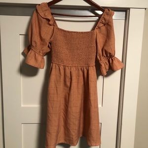 Zoco “Arlo” ruffled puff sleeve smocked mini dress